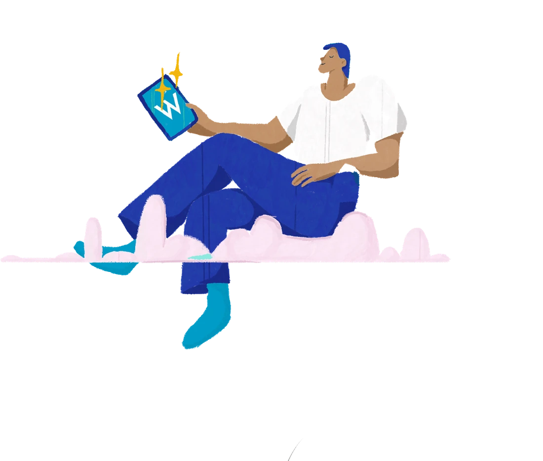Illustration of a person reclining on a cloud, reviewing work on a tablet