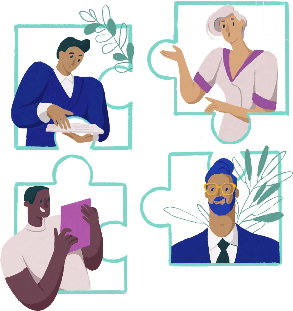 Illustration of four builders as interlocking puzzle pieces