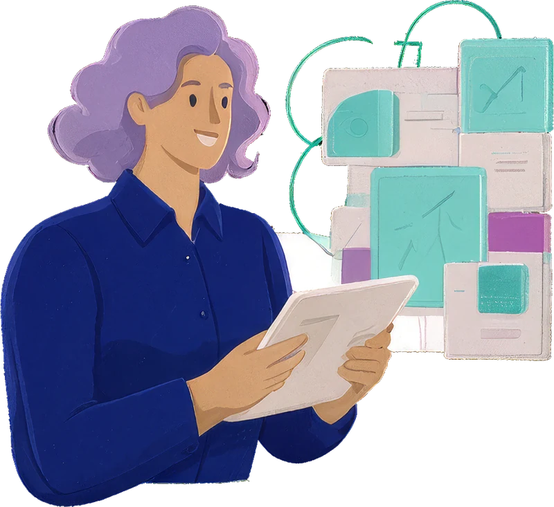 Illustration of a senior lead reviewing product screens on a tablet