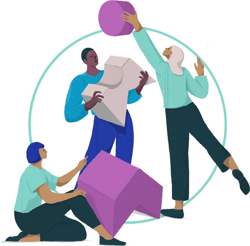 Illustration of a team assembling geometric shapes together